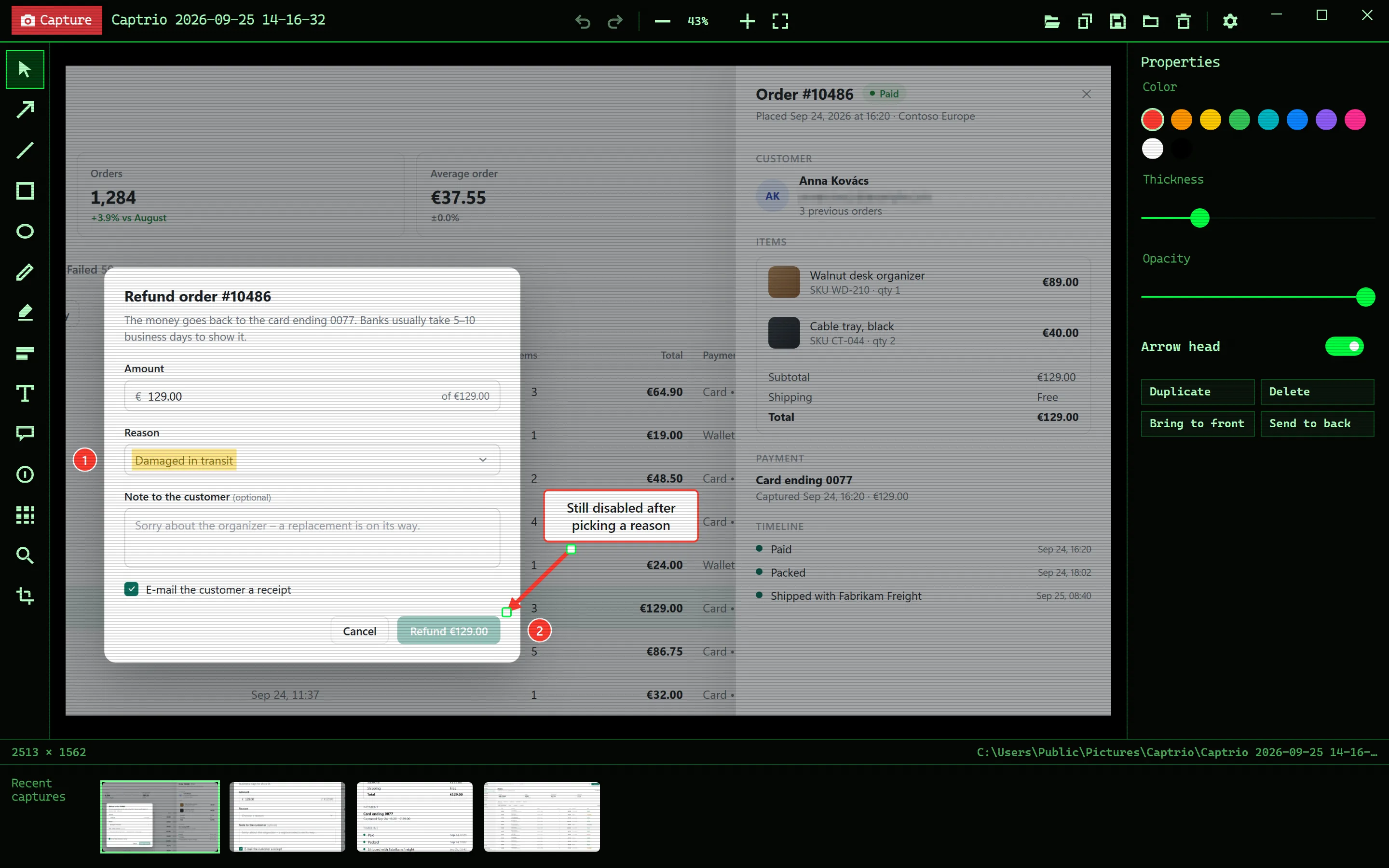 Liveora Snap's editor with a bug report: the chosen reason highlighted, steps 1 and 2, a note reading “Still disabled after picking a reason”, an arrow to the greyed-out Refund button, and the customer's e-mail pixelated