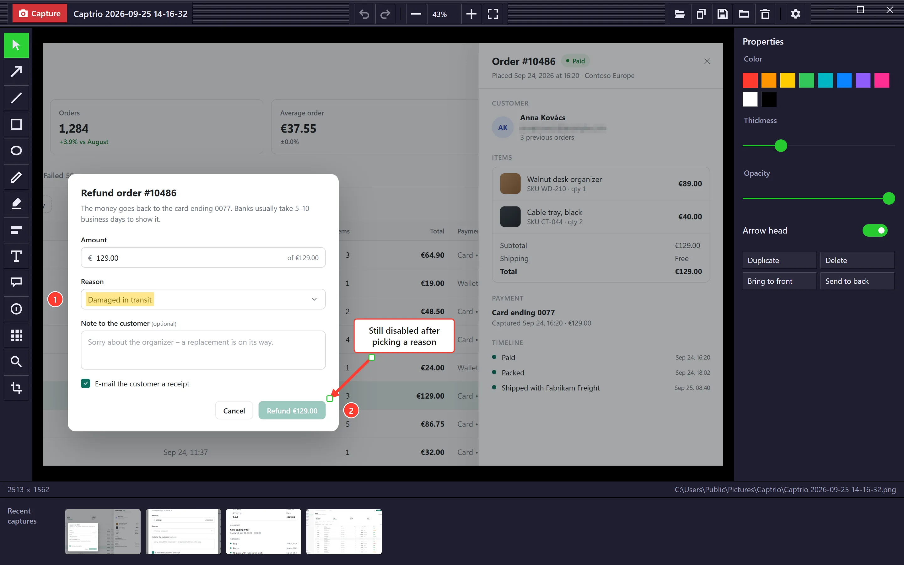 Liveora Snap's editor with a bug report: the chosen reason highlighted, steps 1 and 2, a note reading “Still disabled after picking a reason”, an arrow to the greyed-out Refund button, and the customer's e-mail pixelated