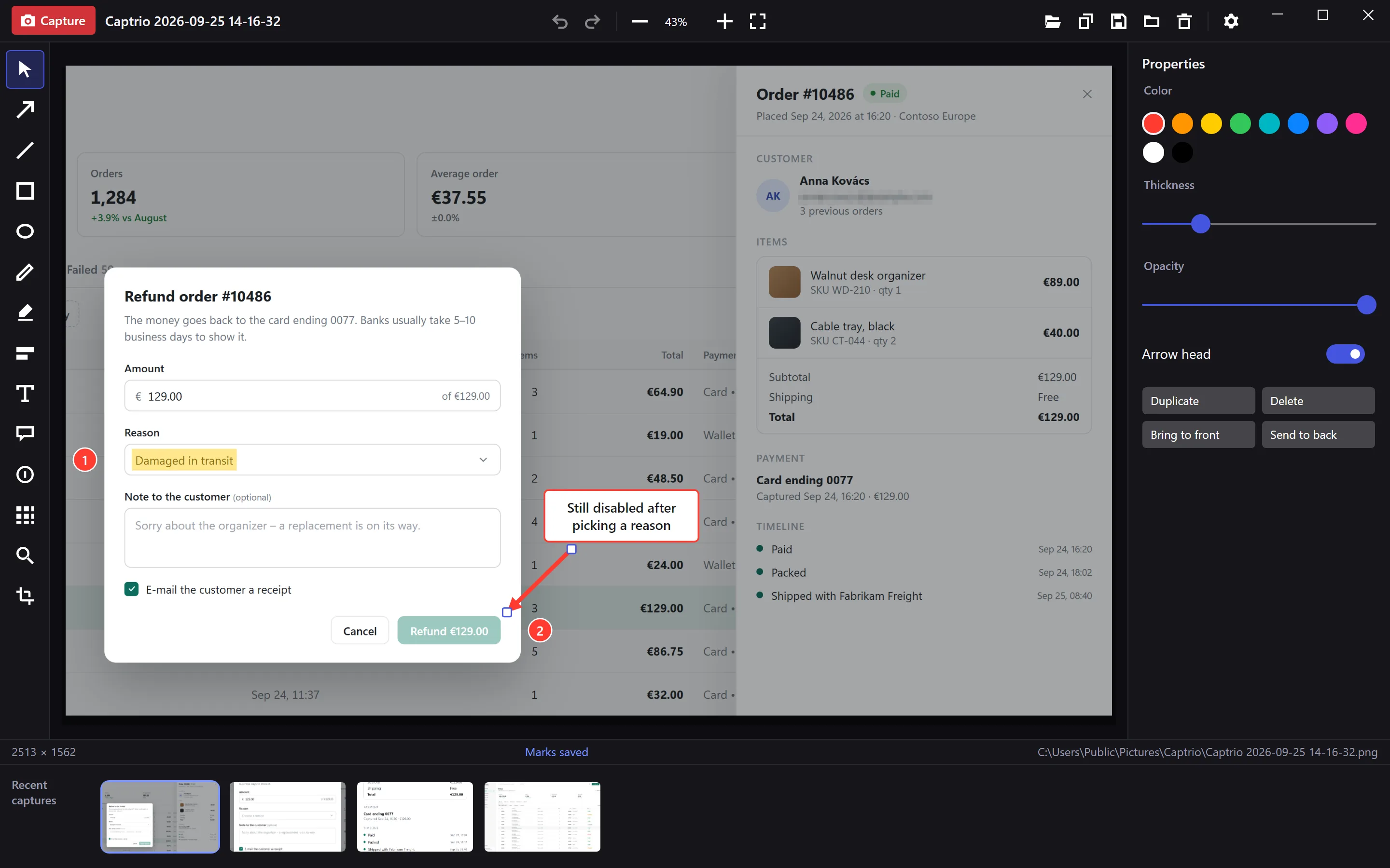 Liveora Snap's editor with a bug report: the chosen reason highlighted, steps 1 and 2, a note reading “Still disabled after picking a reason”, an arrow to the greyed-out Refund button, and the customer's e-mail pixelated