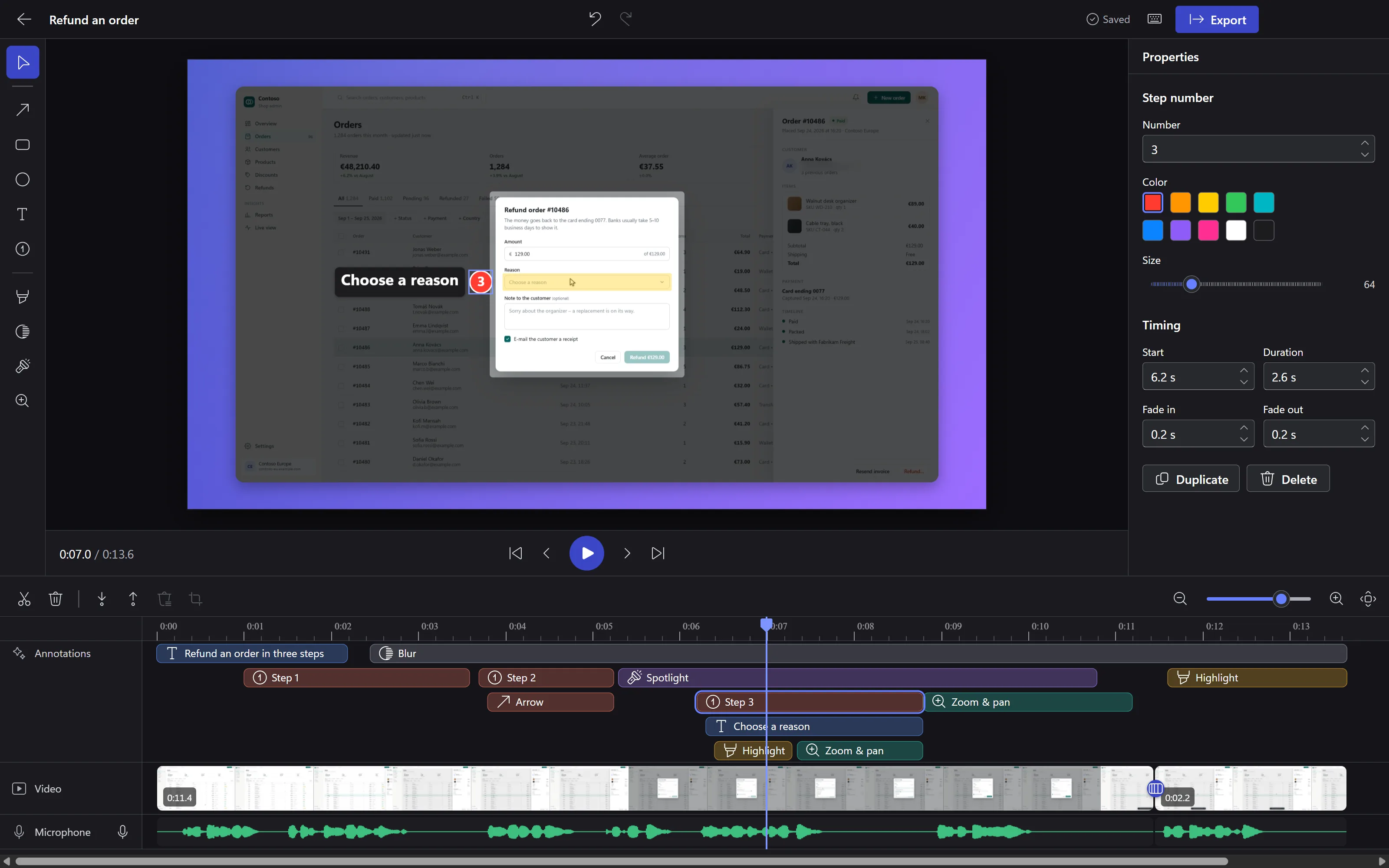 Liveora Studio's editor: the refund walk-through on an iris backdrop, step 3 selected with its properties, and a timeline of titles, steps, spotlight, zoom and blur clips above the video and microphone tracks