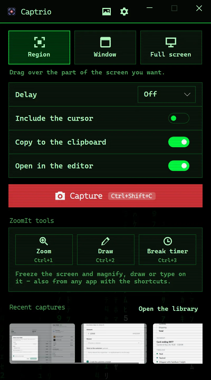 Liveora Snap's capture panel in the Matrix skin