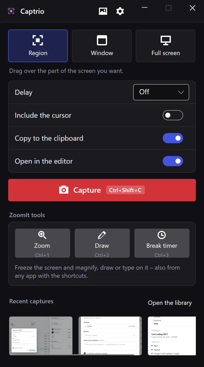 Liveora Snap's capture panel in the Dark skin
