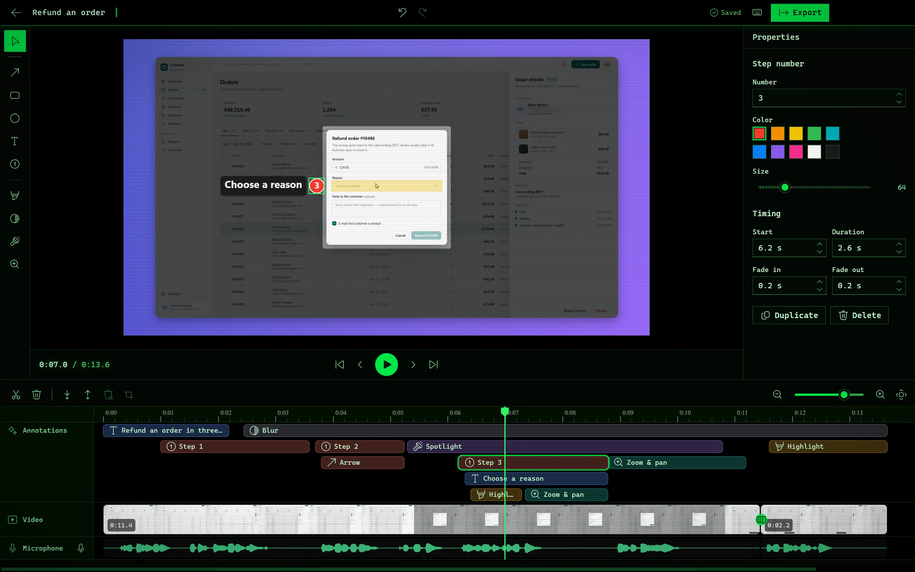 Liveora Studio's editor: the refund walk-through on an iris backdrop, step 3 selected with its properties, and a timeline of titles, steps, spotlight, zoom and blur clips above the video and microphone tracks