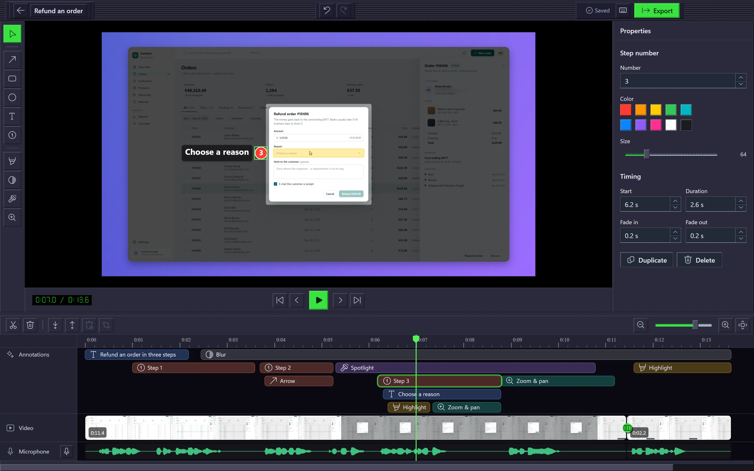Liveora Studio's editor: the refund walk-through on an iris backdrop, step 3 selected with its properties, and a timeline of titles, steps, spotlight, zoom and blur clips above the video and microphone tracks