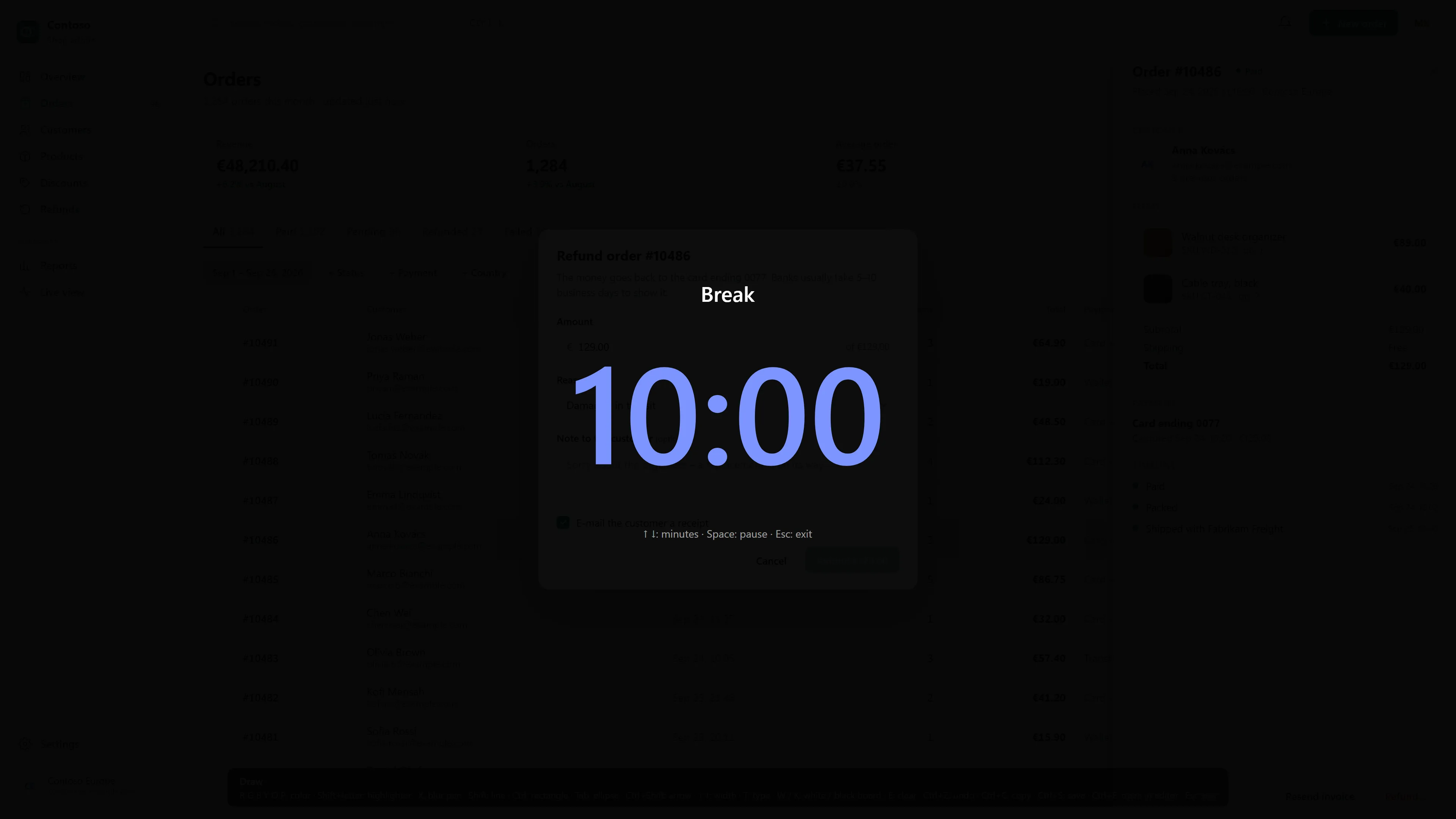 A full-screen break timer counting down from 10:00