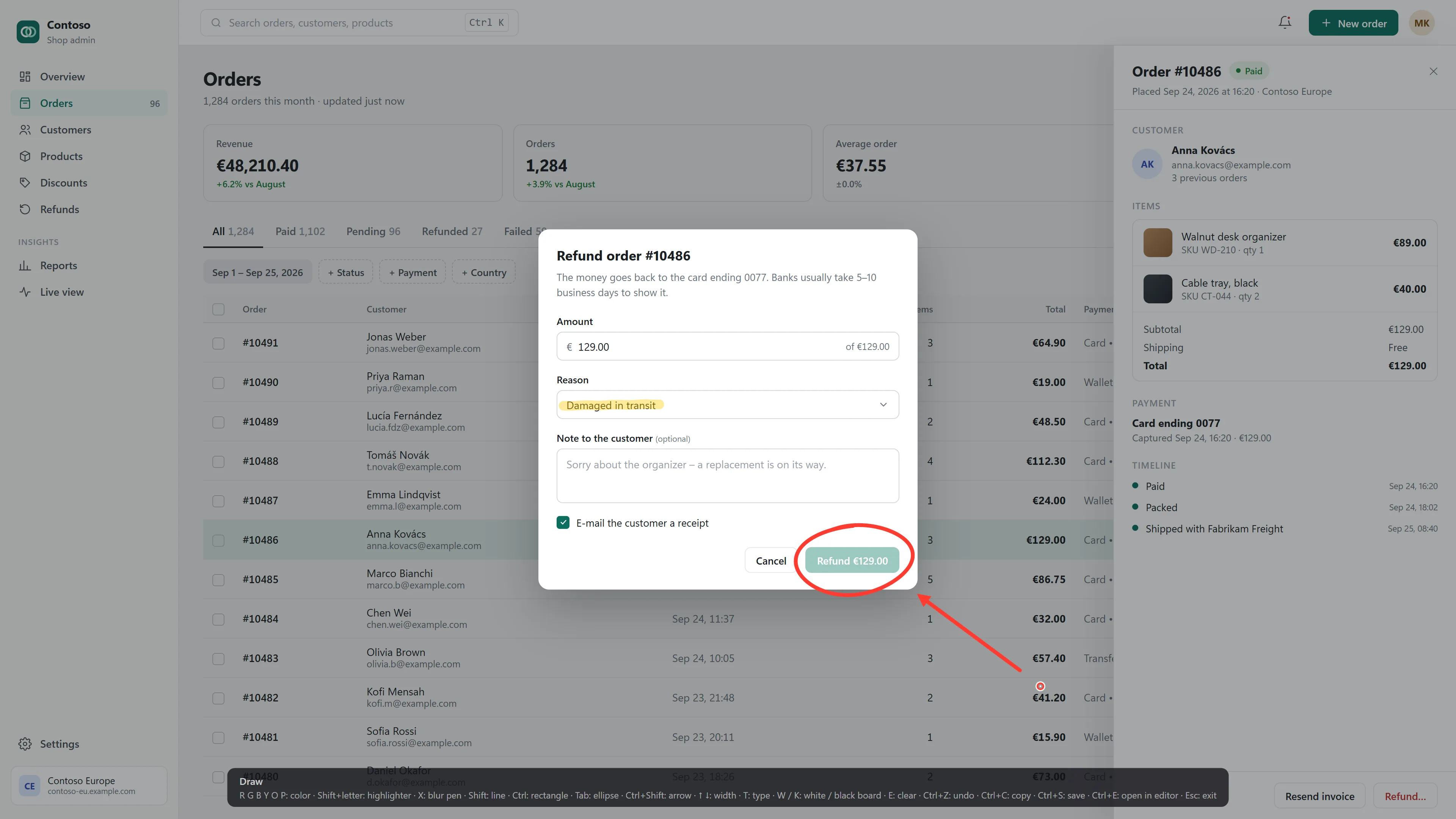 The pen over the live screen: a red circle around the Refund button, an arrow pointing at it, the chosen reason highlighted in yellow