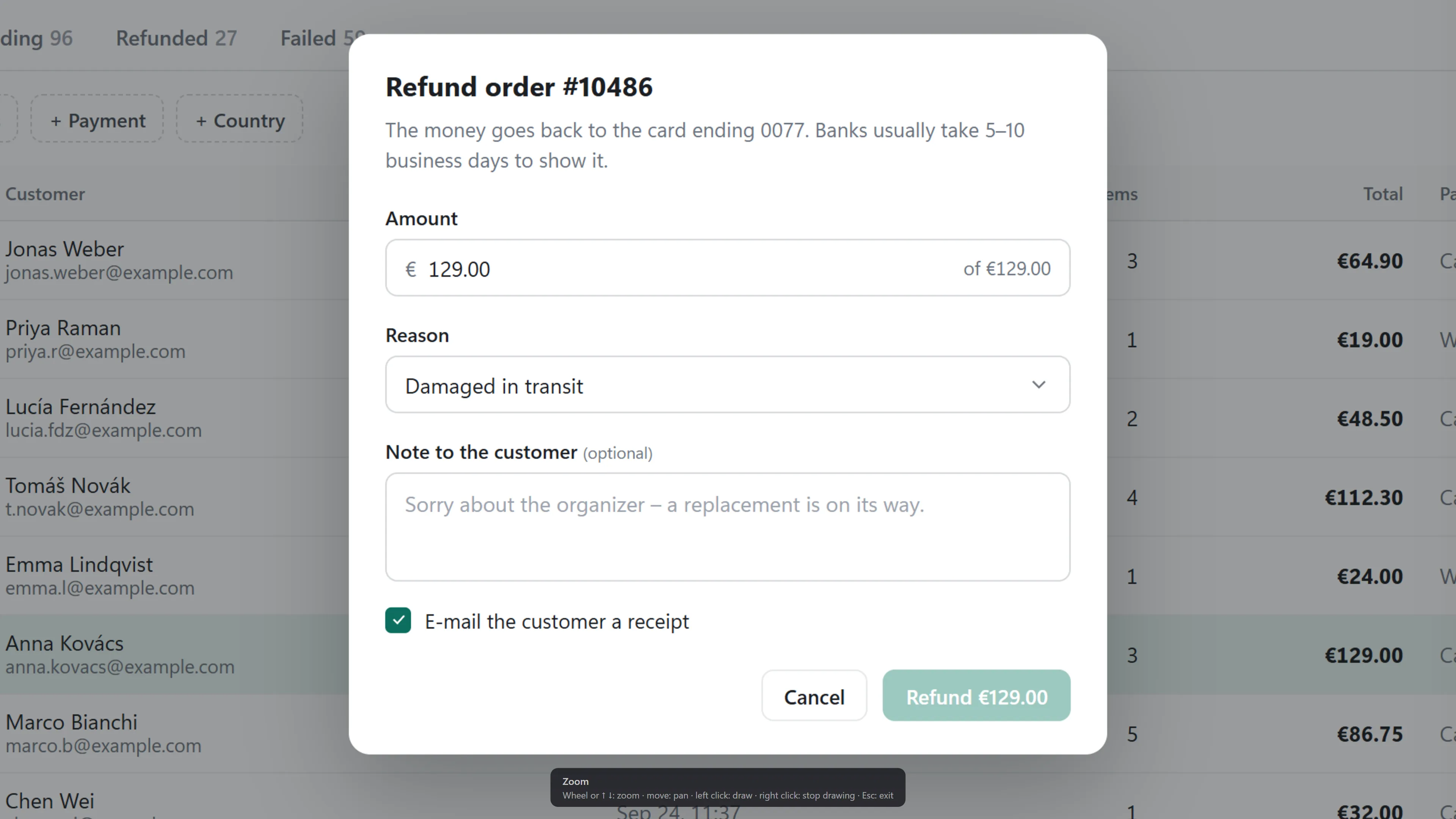 The demo shop frozen and magnified twice around the refund dialog